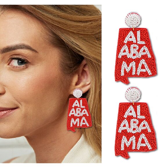 University of ALABAMA Football Fan Team Red White Colors Beaded Earrings NEW - Picture 1 of 2